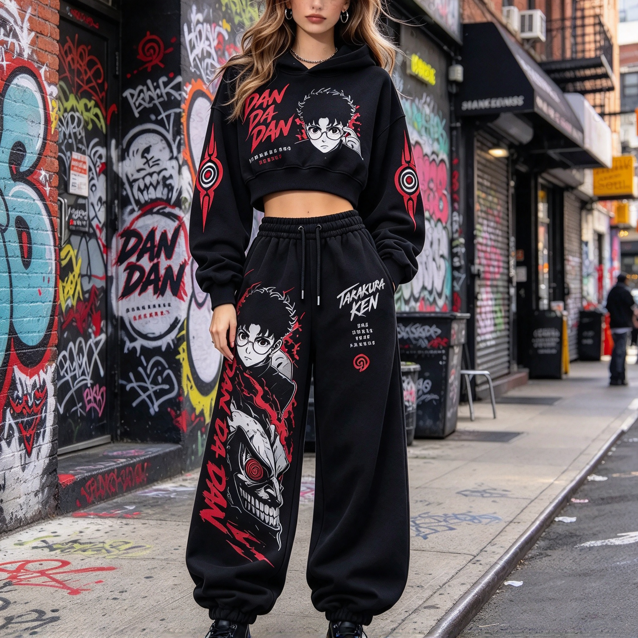 Dandadan Women's Cropped Long Sleeve Hoodie & High Waist Jogger Pants 2 Piece Tracksuit Set