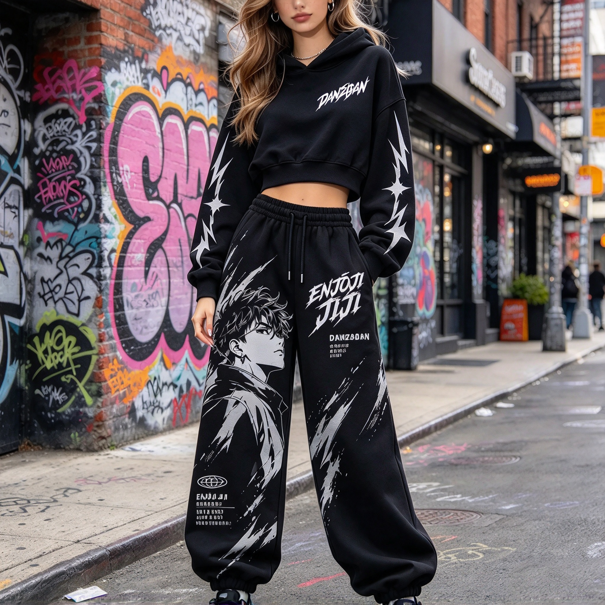 Dandadan Women's Cropped Long Sleeve Hoodie & High Waist Jogger Pants 2 Piece Tracksuit Set