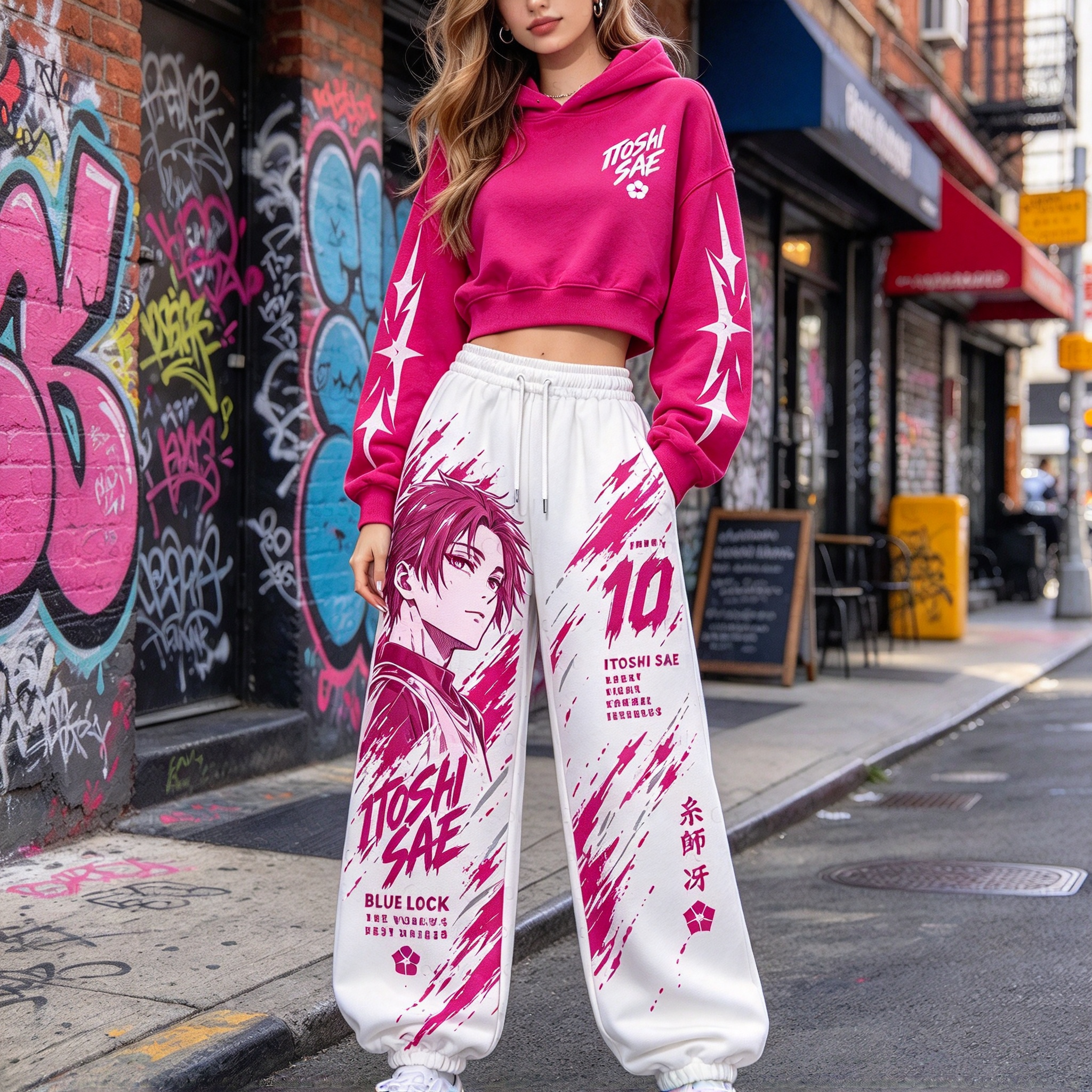 BLUE LOCK Women's Cropped Long Sleeve Hoodie & High Waist Jogger Pants 2 Piece Tracksuit Set