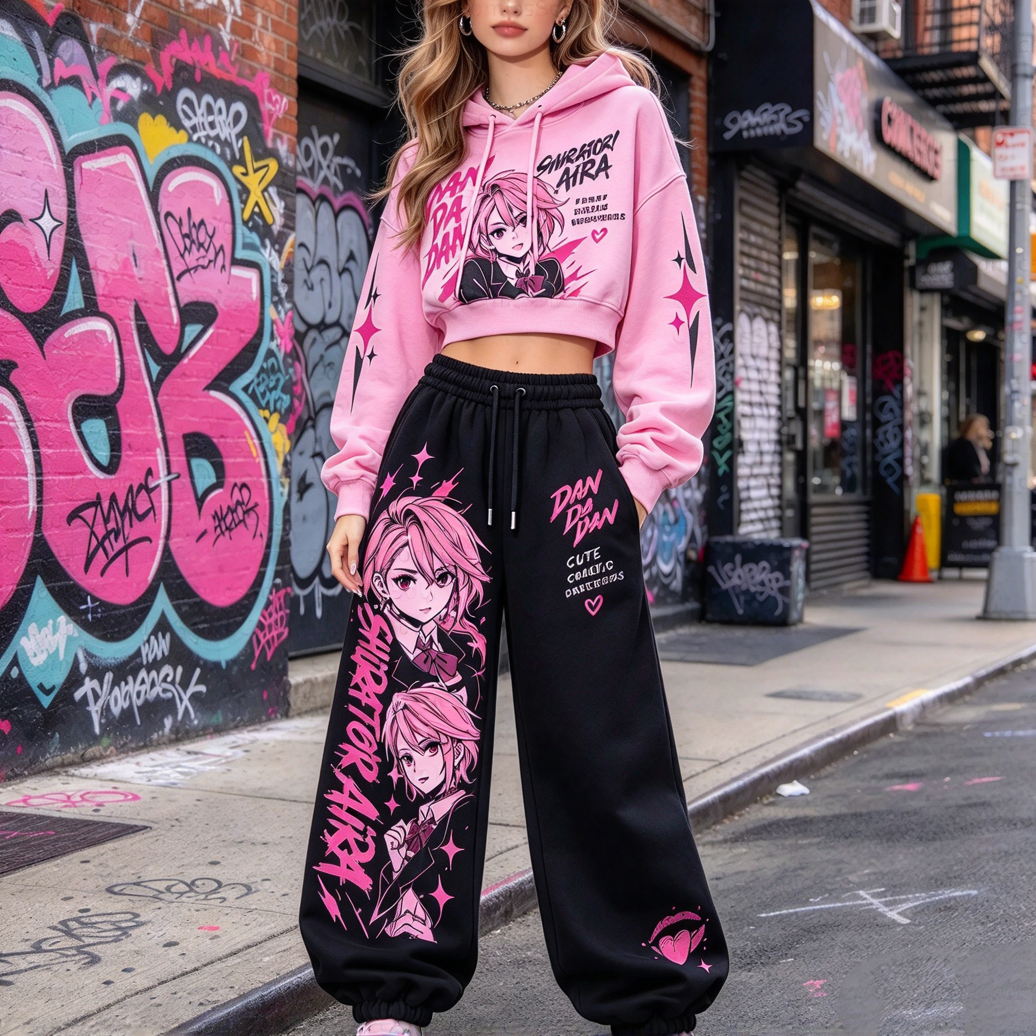 Dandadan Women's Cropped Long Sleeve Hoodie & High Waist Jogger Pants 2 Piece Tracksuit Set