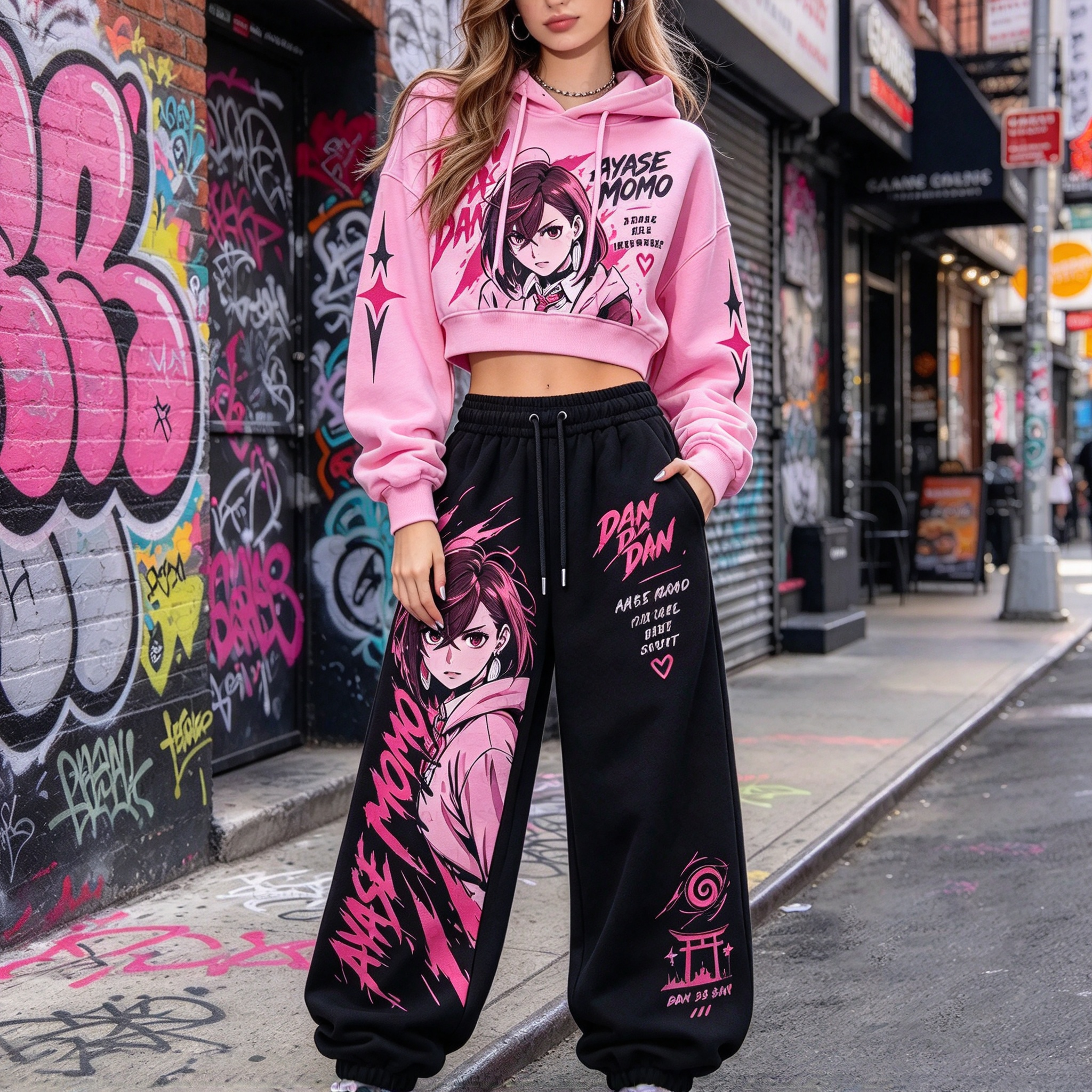 Dandadan Women's Cropped Long Sleeve Hoodie & High Waist Jogger Pants 2 Piece Tracksuit Set