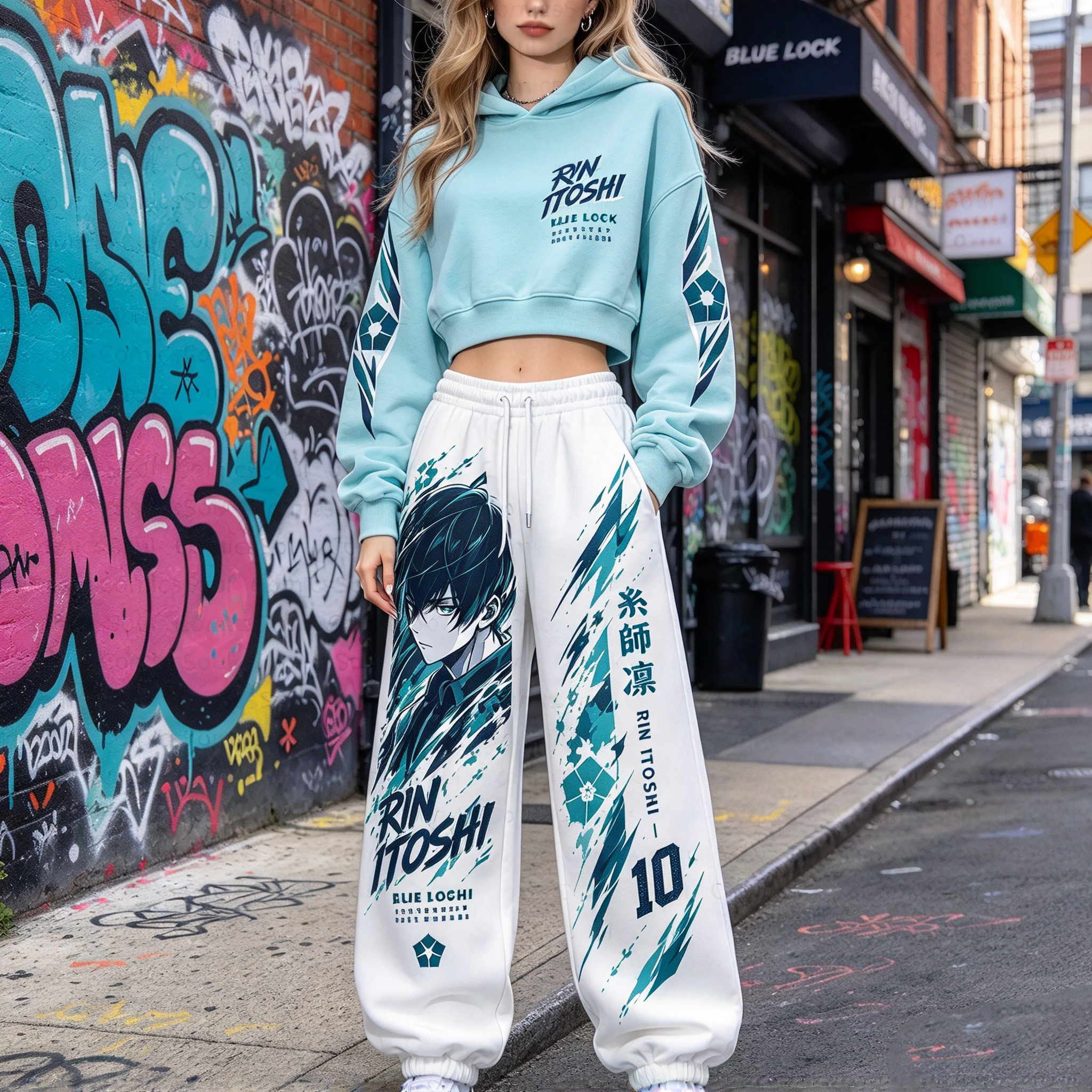 BLUE LOCK Women's Cropped Long Sleeve Hoodie & High Waist Jogger Pants 2 Piece Tracksuit Set