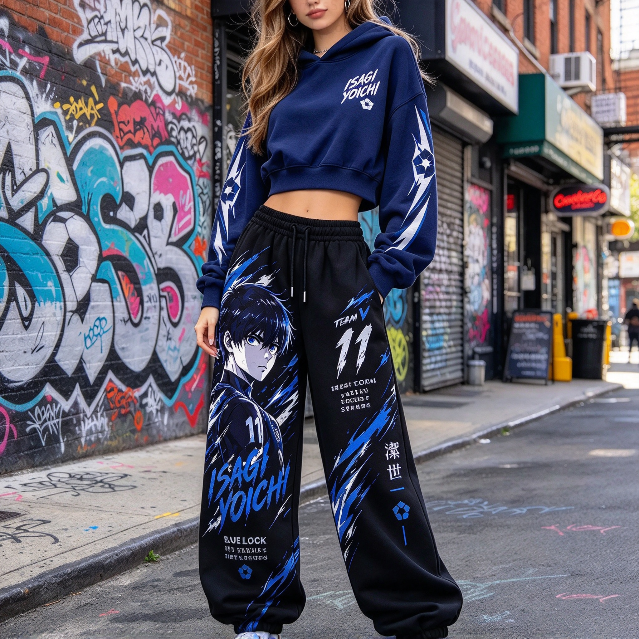 BLUE LOCK Women's Cropped Long Sleeve Hoodie & High Waist Jogger Pants 2 Piece Tracksuit Set