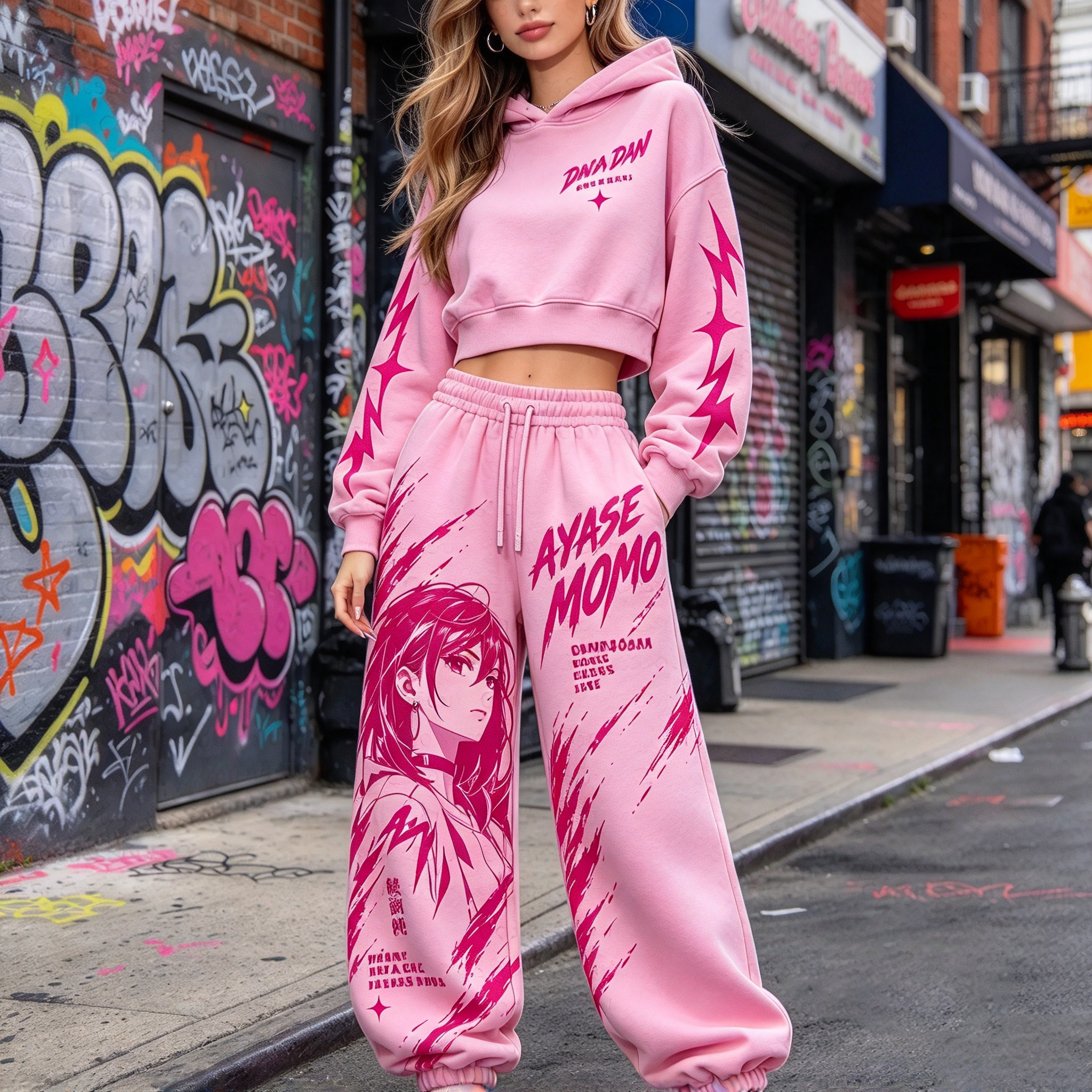 Dandadan Women's Cropped Long Sleeve Hoodie & High Waist Jogger Pants 2 Piece Tracksuit Set
