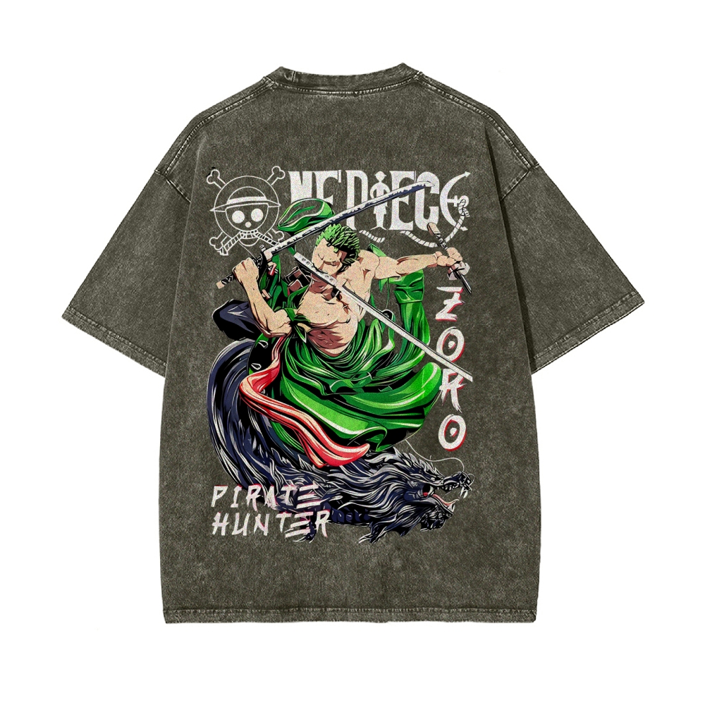 Vintage Unisex-Adult Oversized Washed Cotton T-Shirt Graphic PIRATE HUNTER ONE PIECE JAPAN ANIME COLLECTION TEE