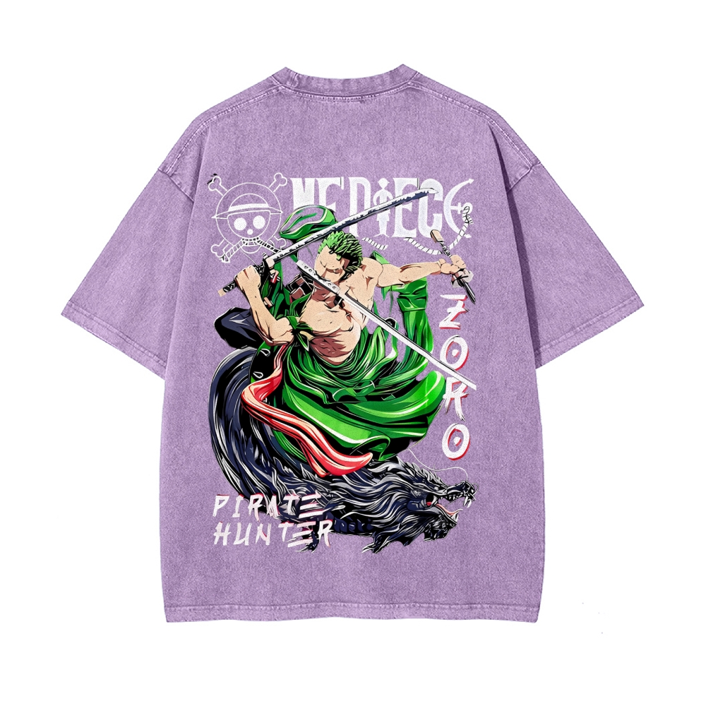 Vintage Unisex-Adult Oversized Washed Cotton T-Shirt Graphic PIRATE HUNTER ONE PIECE JAPAN ANIME COLLECTION TEE