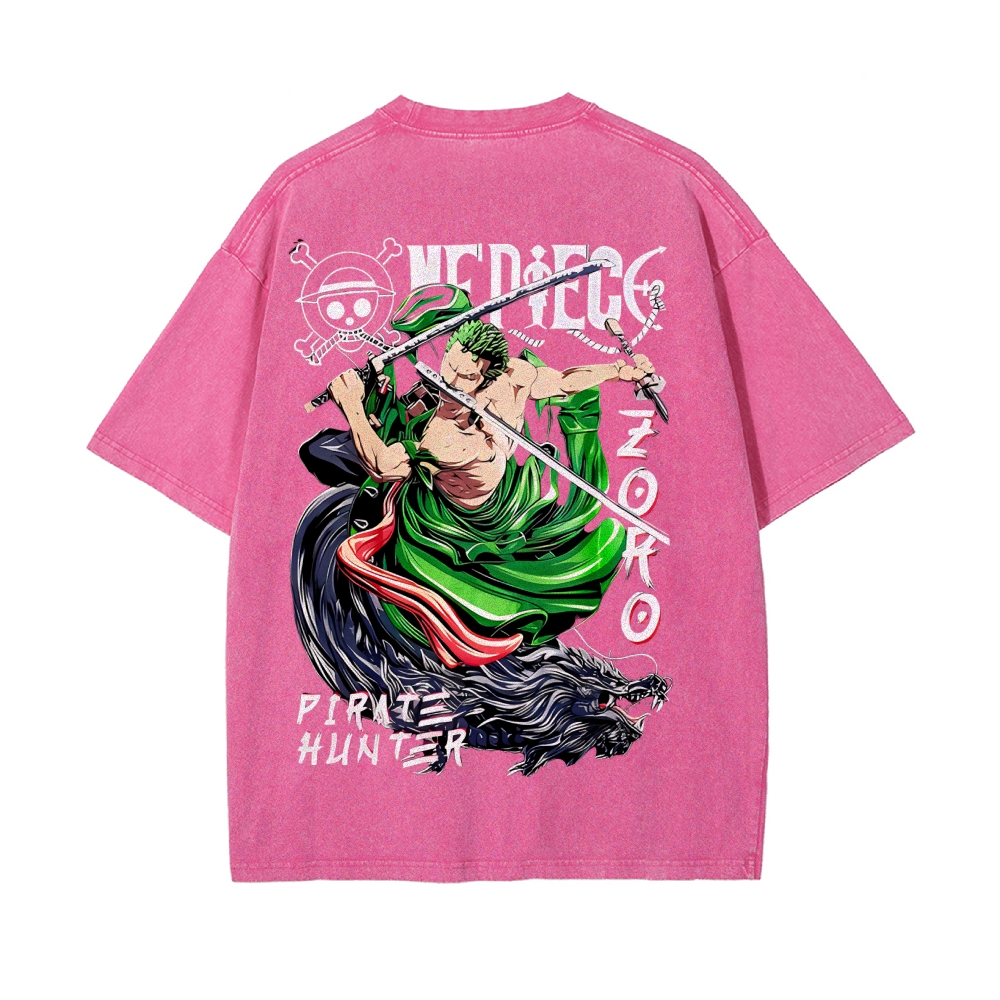 Vintage Unisex-Adult Oversized Washed Cotton T-Shirt Graphic PIRATE HUNTER ONE PIECE JAPAN ANIME COLLECTION TEE