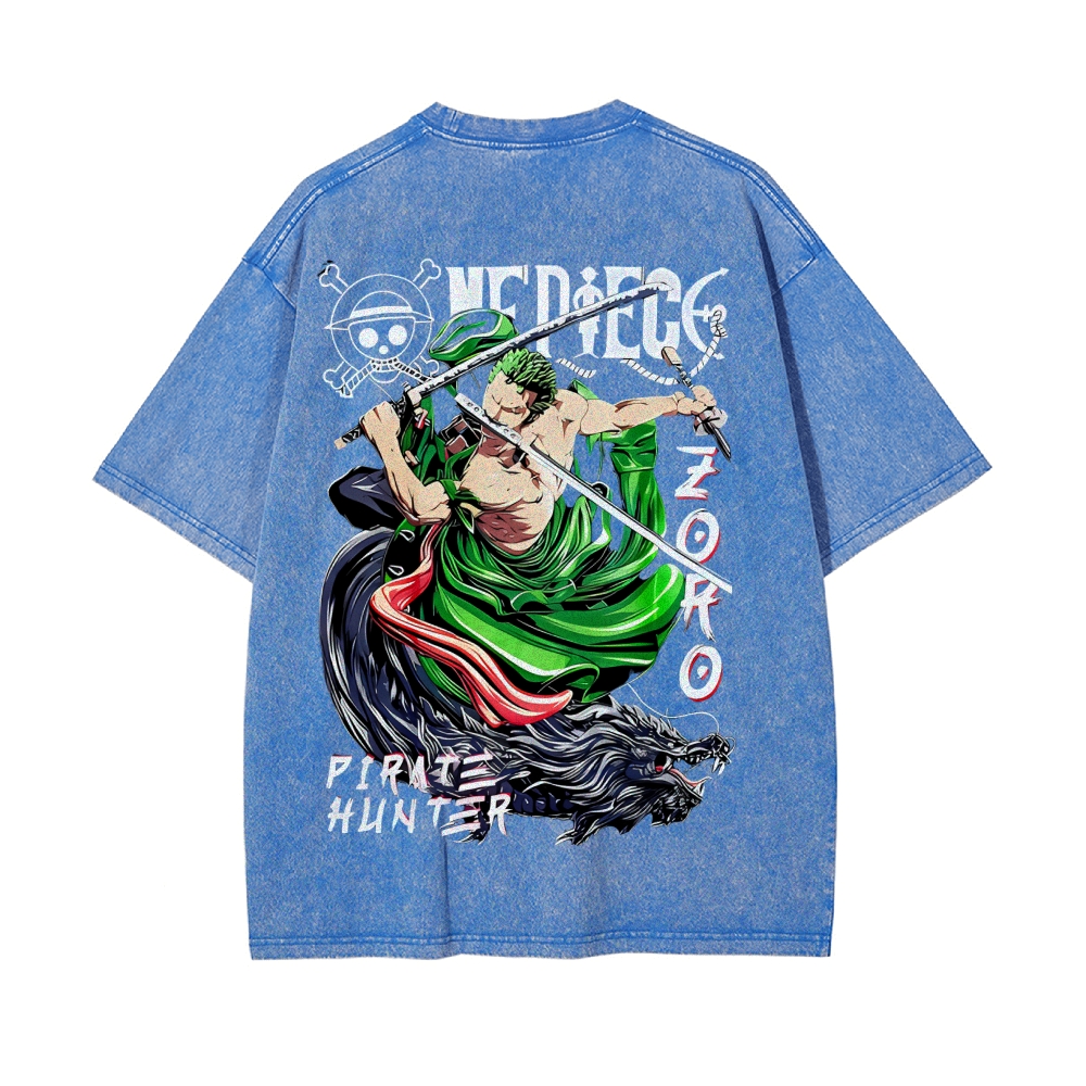 Vintage Unisex-Adult Oversized Washed Cotton T-Shirt Graphic PIRATE HUNTER ONE PIECE JAPAN ANIME COLLECTION TEE