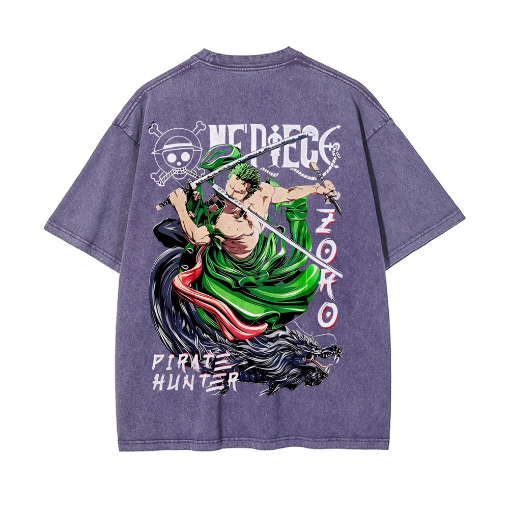 Vintage Unisex-Adult Oversized Washed Cotton T-Shirt Graphic PIRATE HUNTER ONE PIECE JAPAN ANIME COLLECTION TEE