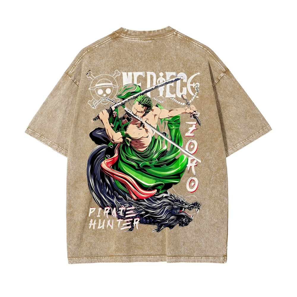 Vintage Unisex-Adult Oversized Washed Cotton T-Shirt Graphic PIRATE HUNTER ONE PIECE JAPAN ANIME COLLECTION TEE