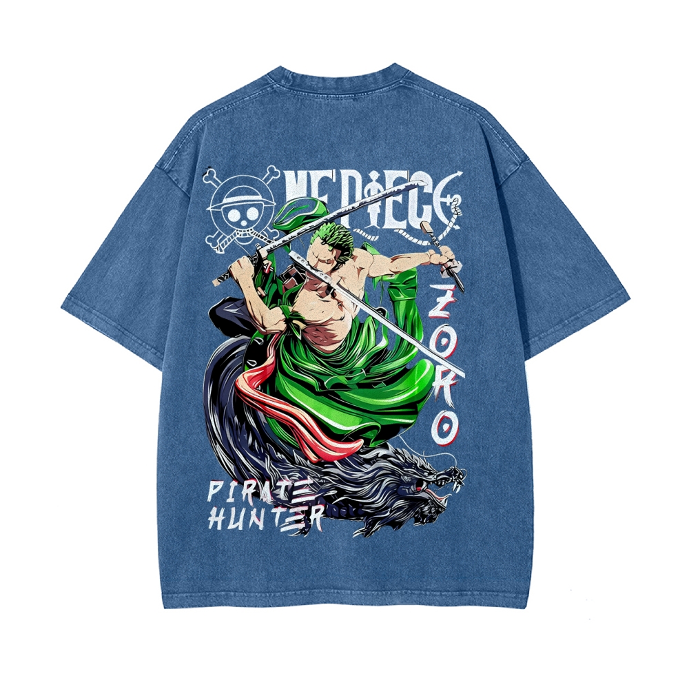 Vintage Unisex-Adult Oversized Washed Cotton T-Shirt Graphic PIRATE HUNTER ONE PIECE JAPAN ANIME COLLECTION TEE