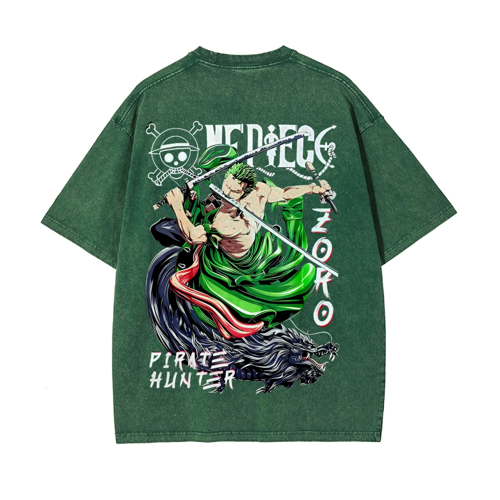 Vintage Unisex-Adult Oversized Washed Cotton T-Shirt Graphic PIRATE HUNTER ONE PIECE JAPAN ANIME COLLECTION TEE