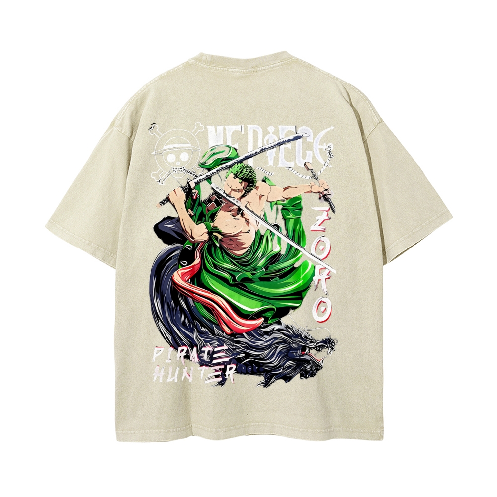 Vintage Unisex-Adult Oversized Washed Cotton T-Shirt Graphic PIRATE HUNTER ONE PIECE JAPAN ANIME COLLECTION TEE