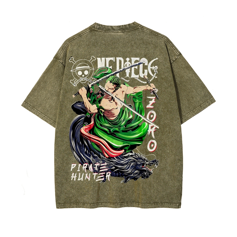 Vintage Unisex-Adult Oversized Washed Cotton T-Shirt Graphic PIRATE HUNTER ONE PIECE JAPAN ANIME COLLECTION TEE