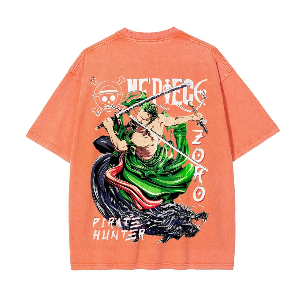Vintage Unisex-Adult Oversized Washed Cotton T-Shirt Graphic PIRATE HUNTER ONE PIECE JAPAN ANIME COLLECTION TEE