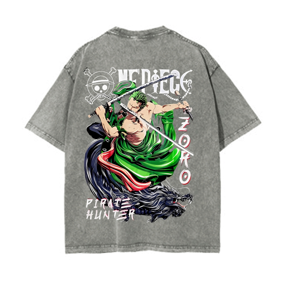 Vintage Unisex-Adult Oversized Washed Cotton T-Shirt Graphic PIRATE HUNTER ONE PIECE JAPAN ANIME COLLECTION TEE