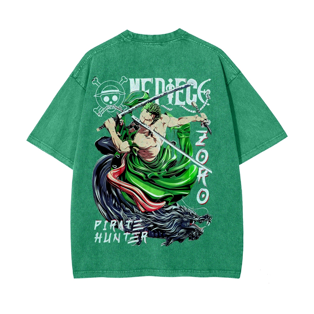 Vintage Unisex-Adult Oversized Washed Cotton T-Shirt Graphic PIRATE HUNTER ONE PIECE JAPAN ANIME COLLECTION TEE
