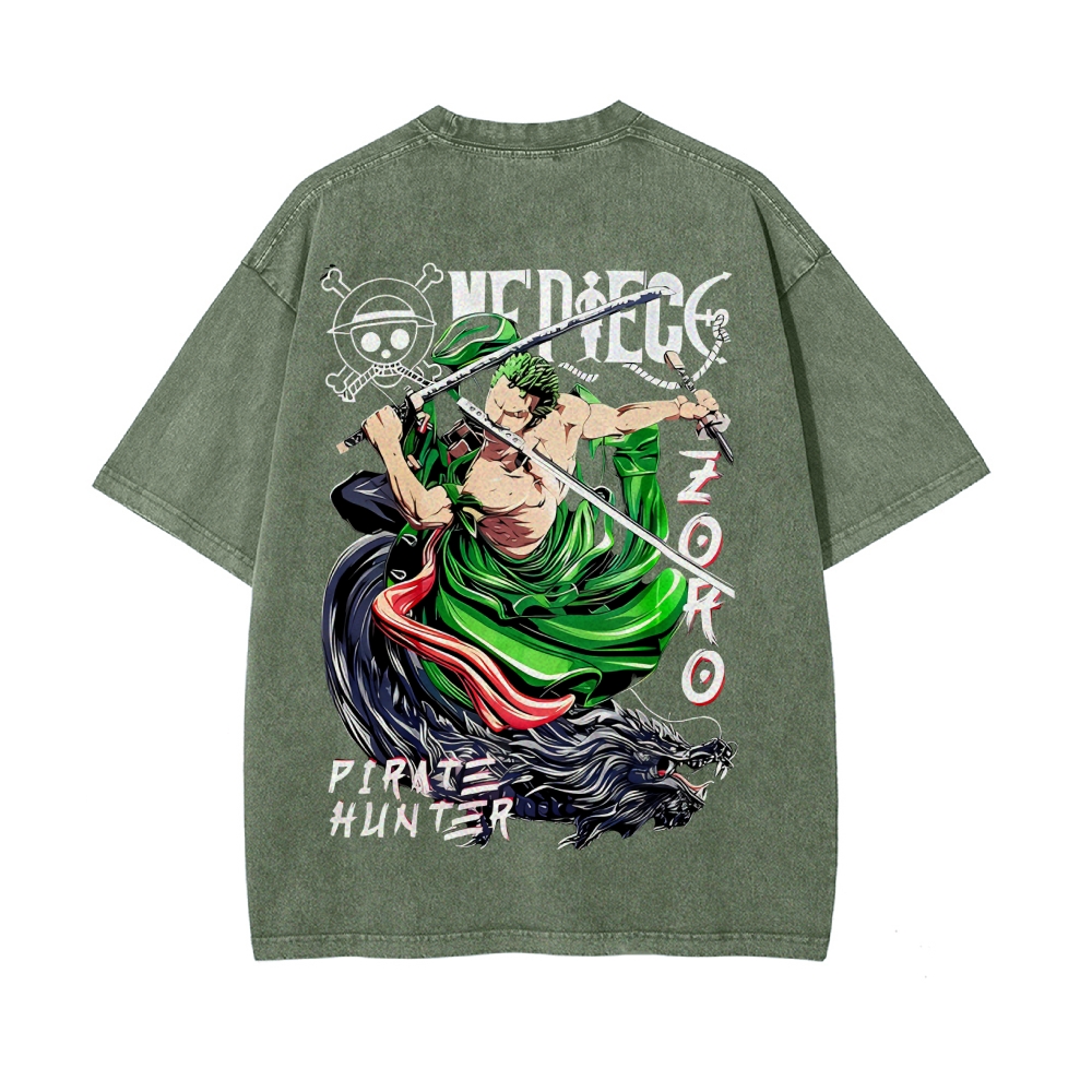 Vintage Unisex-Adult Oversized Washed Cotton T-Shirt Graphic PIRATE HUNTER ONE PIECE JAPAN ANIME COLLECTION TEE