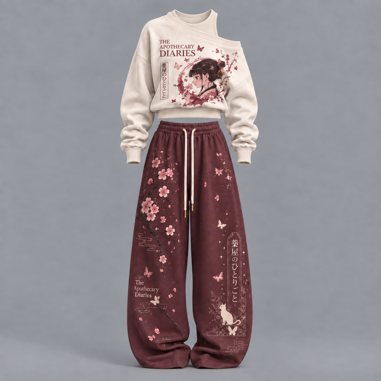 The Apothecary Diaries-Women's Asymmetric Off-Shoulder Cut-Out Sweatshirt & Wide-Leg Sweatpants 2-Piece Set