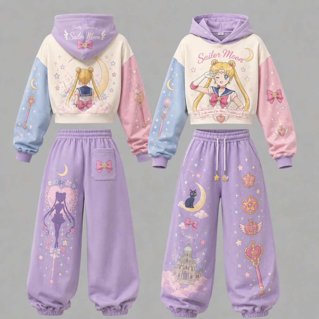 Sailor Moon Women's Cropped Long Sleeve Hoodie & High Waist Jogger Pants 2 Piece Tracksuit Set