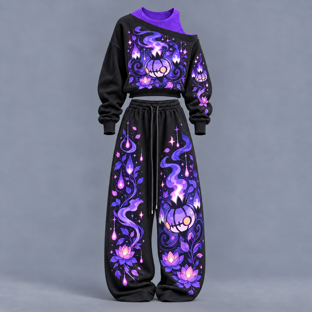 Pokémon-Women's Asymmetric Off-Shoulder Cut-Out Sweatshirt & Wide-Leg Sweatpants 2-Piece Set
