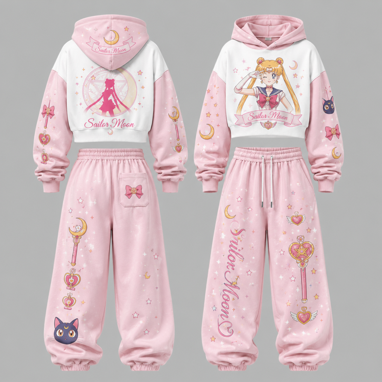 Sailor Moon Women's Cropped Long Sleeve Hoodie & High Waist Jogger Pants 2 Piece Tracksuit Set