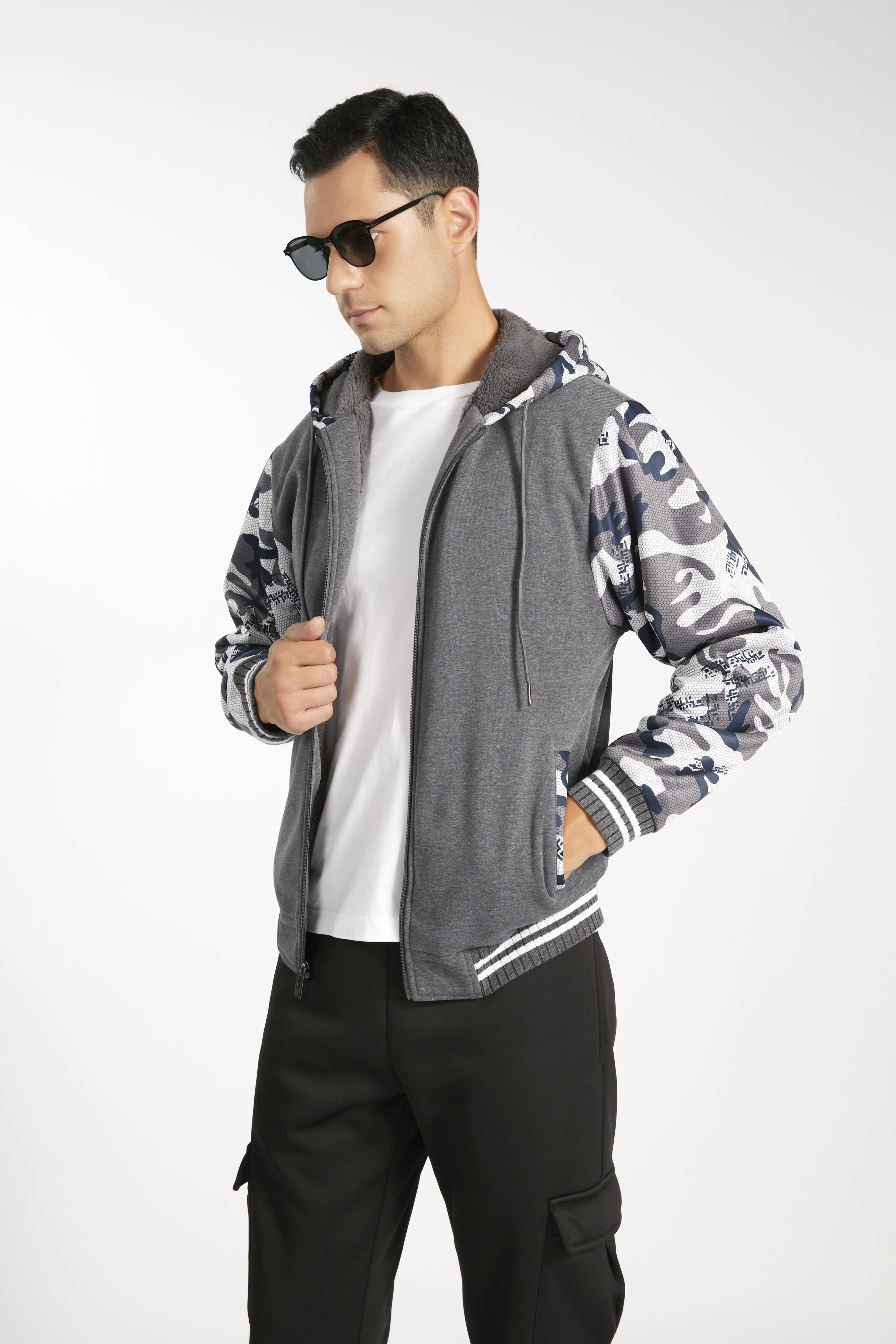 Men's Long Sleeve Full Zipper Fleece Hoodie-AHDX100025