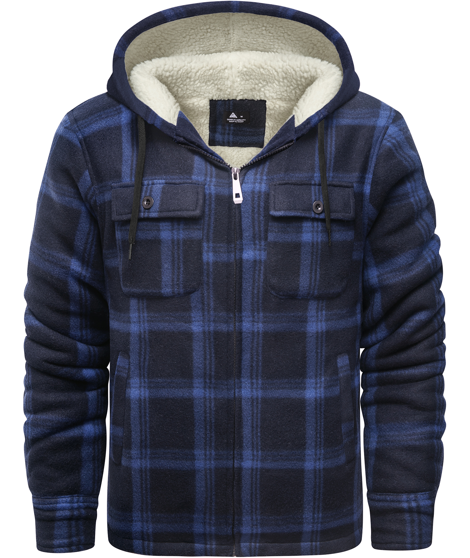 Men's Long Sleeve Full Zipper Fleece Plaid Hoodie-CFMGF00001