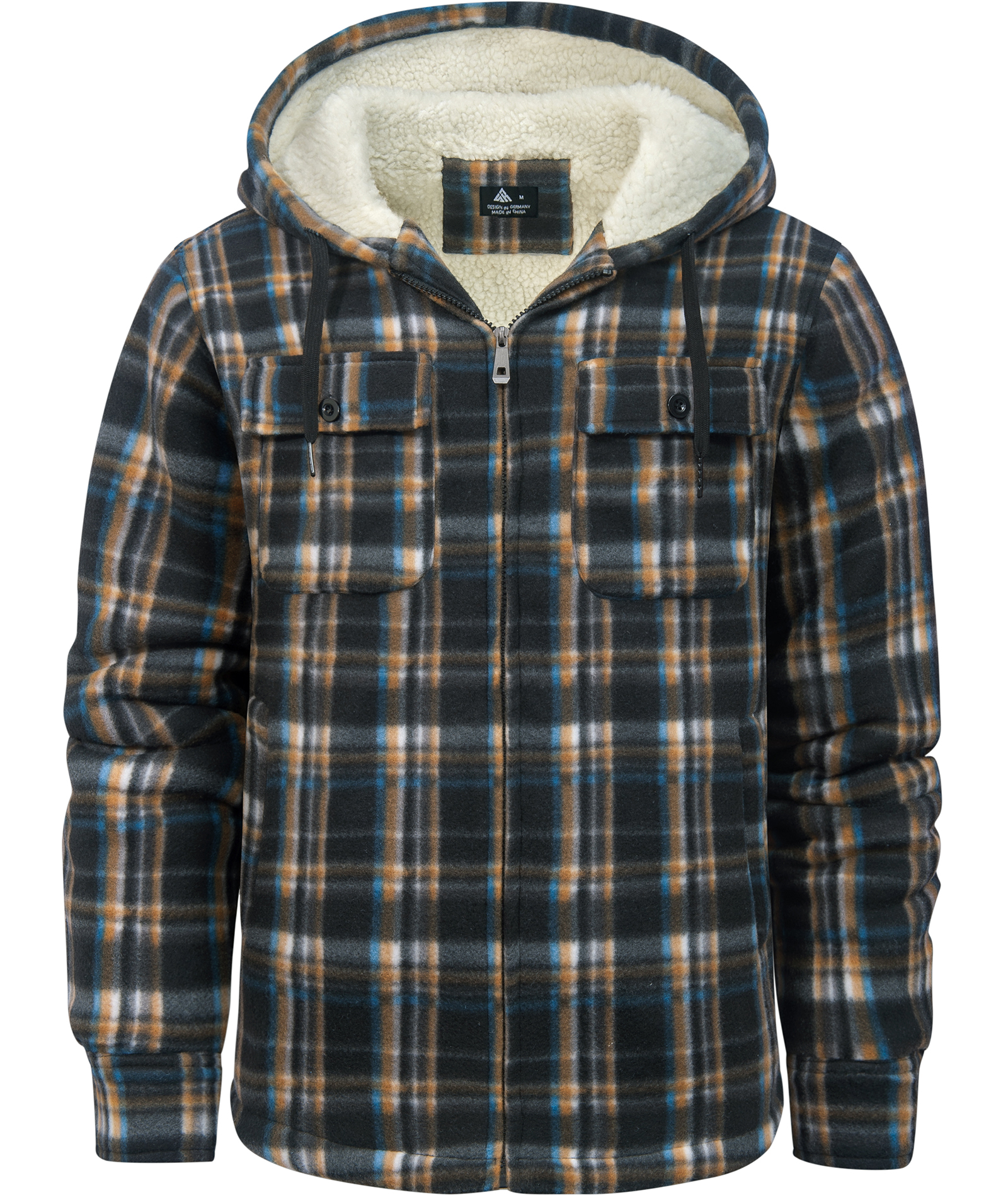 Men's Long Sleeve Full Zipper Fleece Plaid Hoodie-CFMGF00001