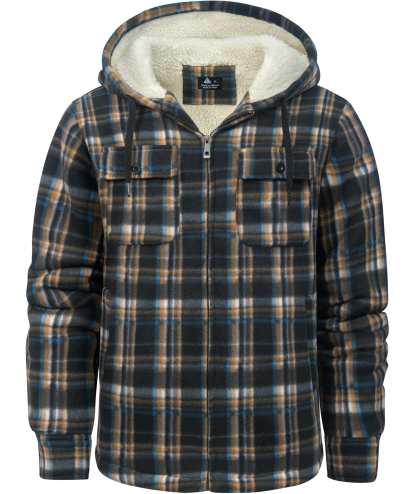 Men's Long Sleeve Full Zipper Fleece Plaid Hoodie-CFMGF00001