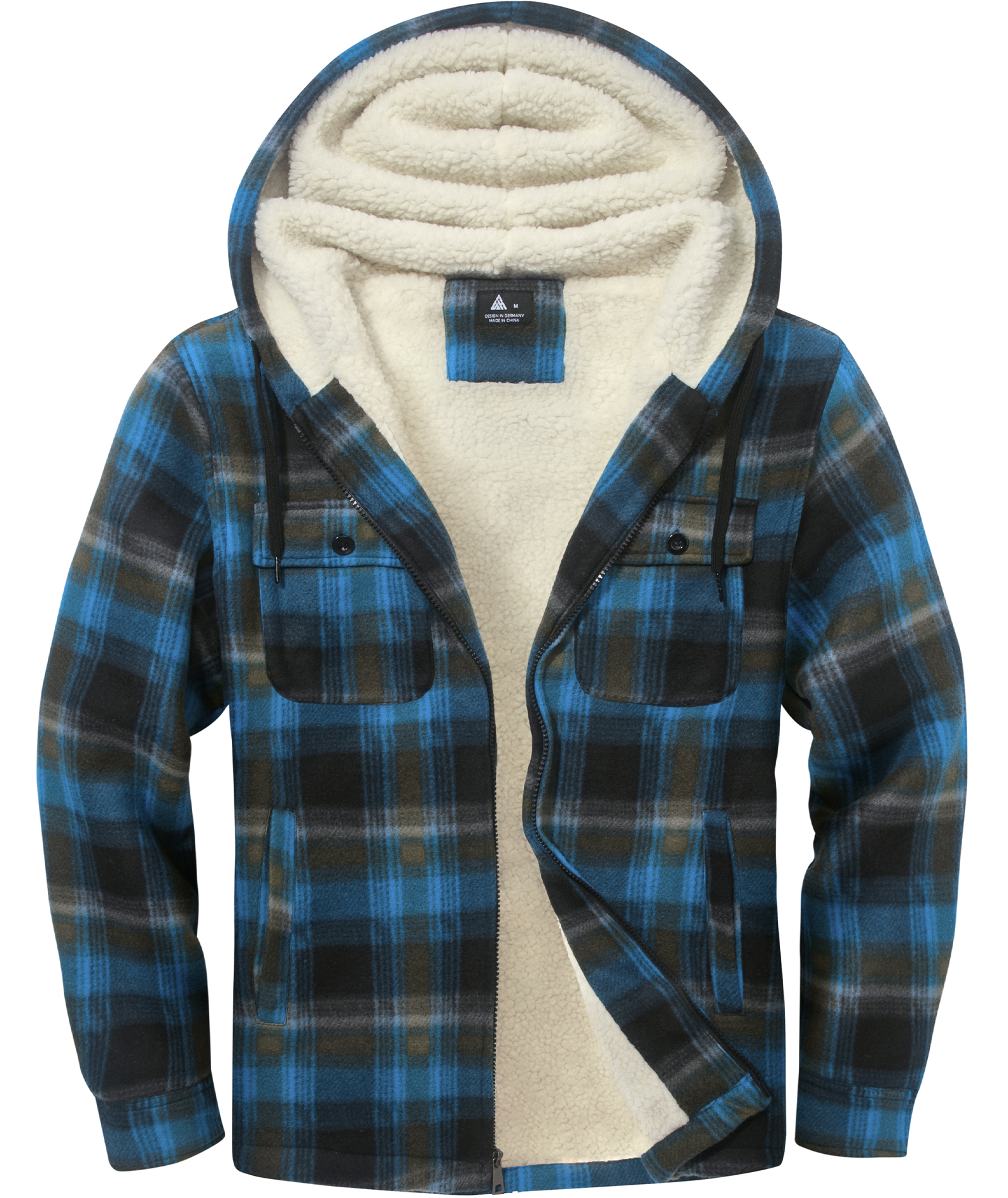 Men's Long Sleeve Full Zipper Fleece Plaid Hoodie-CFMGF00001