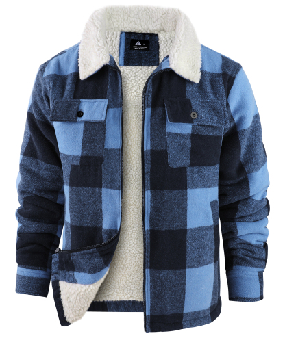 Men's Long Sleeve Full Zipper Plaid Fleece Shirt-CUMJA04084