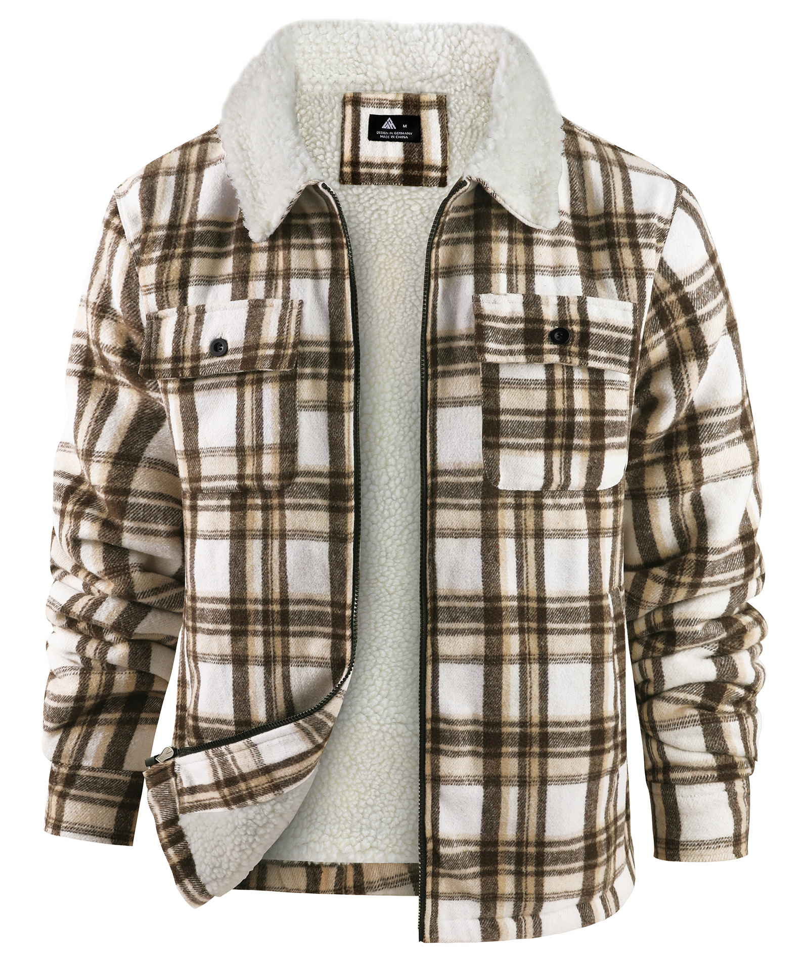 Men's Long Sleeve Full Zipper Plaid Fleece Shirt-CUMJA04084