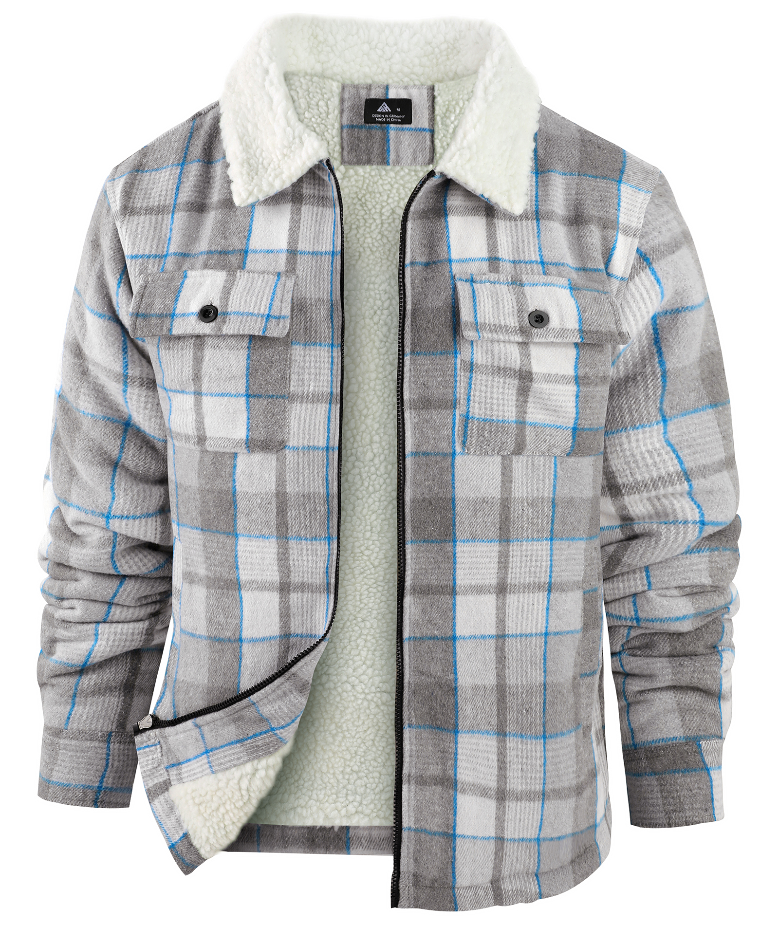 Men's Long Sleeve Full Zipper Plaid Fleece Shirt-CUMJA04084