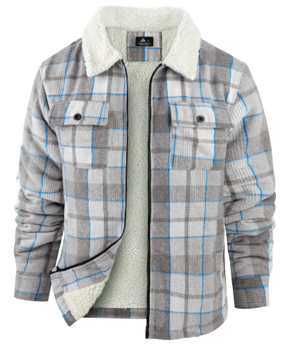 Men's Long Sleeve Full Zipper Plaid Fleece Shirt-CUMJA04084