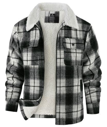 Men's Long Sleeve Full Zipper Plaid Fleece Shirt-CUMJA04084