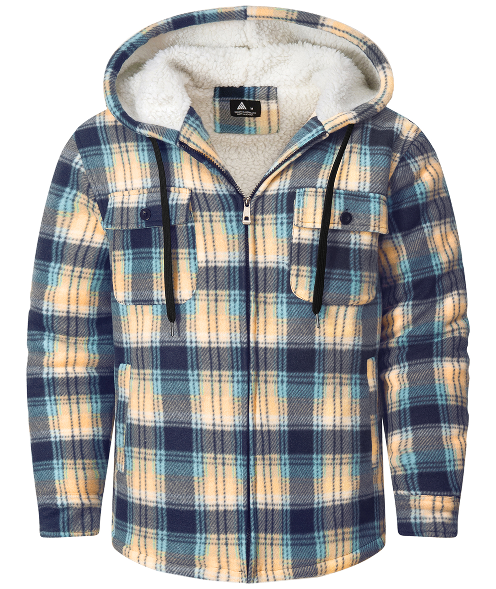 Men's Long Sleeve Full Zipper Fleece Plaid Hoodie-CFMGF00001