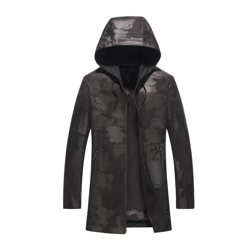 JACKETW Men's Hooded Leather Zipper Mid Long Biker Slim Fit Jacket- ZH119