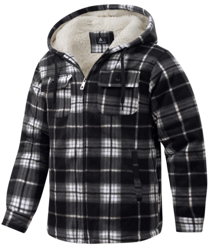 Men's Long Sleeve Full Zipper Fleece Plaid Hoodie-CFMGF00001