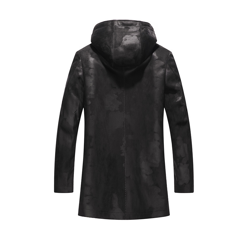 JACKETW Men's Hooded Leather Zipper Mid Long Biker Slim Fit Jacket- ZH119