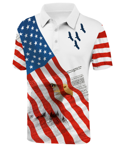 Men's Flag Print Button Up Slim Fit Polo Shirt-CFMPO00118