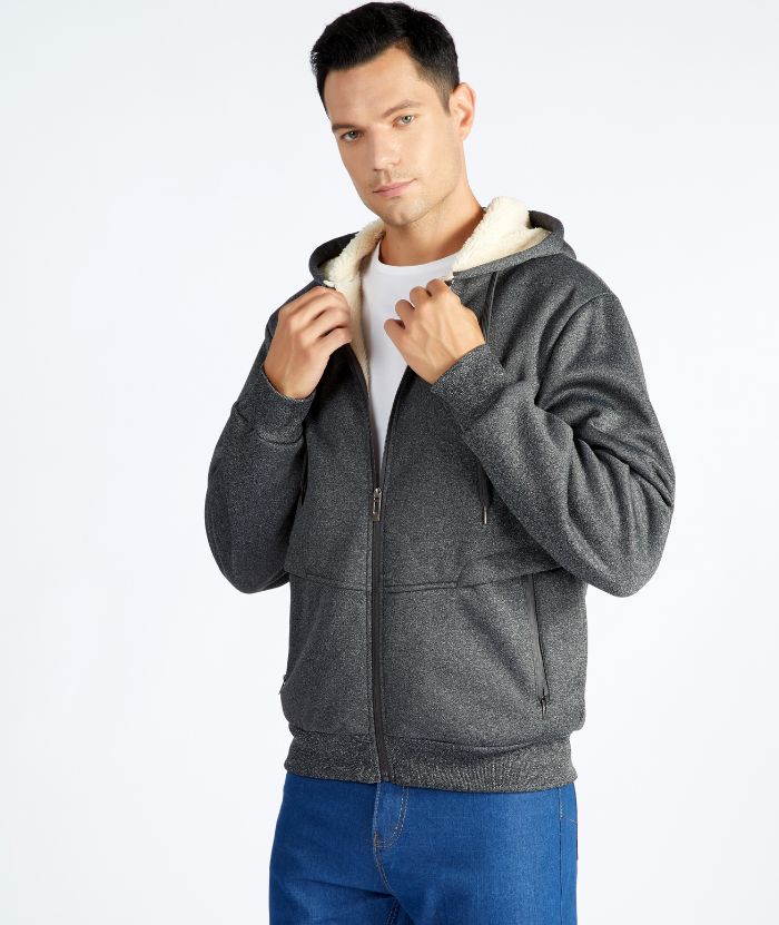 Men's Full Zip Up Solid Color Fleece Hoodie-CFMWY00022