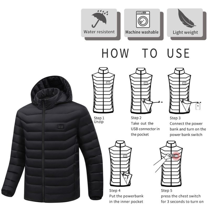 JACKETW Men's Electric Heating Lightweight Winter Hooded Ski Jacket -ZH1001