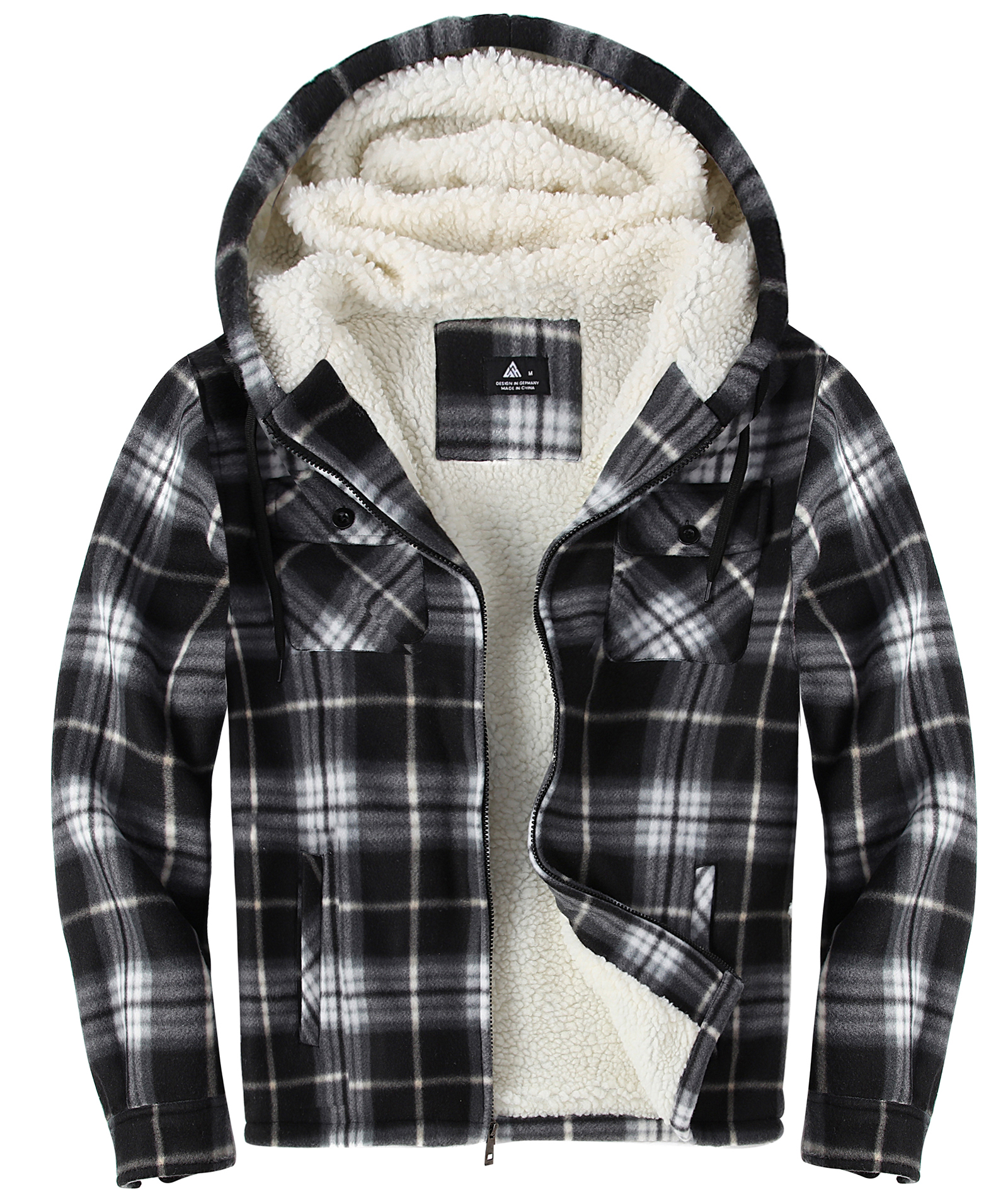 Men's Long Sleeve Full Zipper Fleece Plaid Hoodie-CFMGF00001