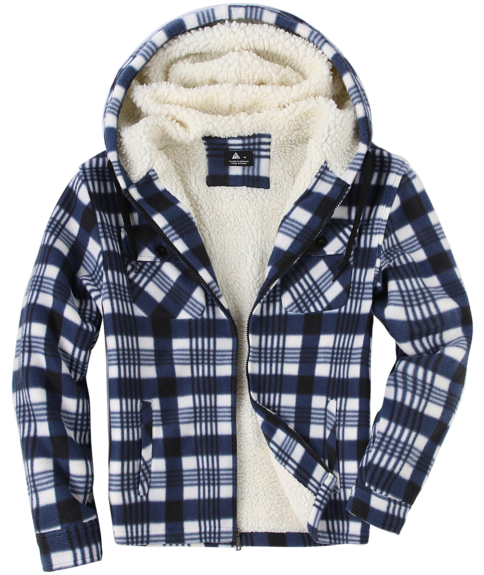Men's Long Sleeve Full Zipper Fleece Plaid Hoodie-CFMGF00001