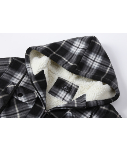Men's Long Sleeve Full Zipper Fleece Plaid Hoodie-CFMGF00001