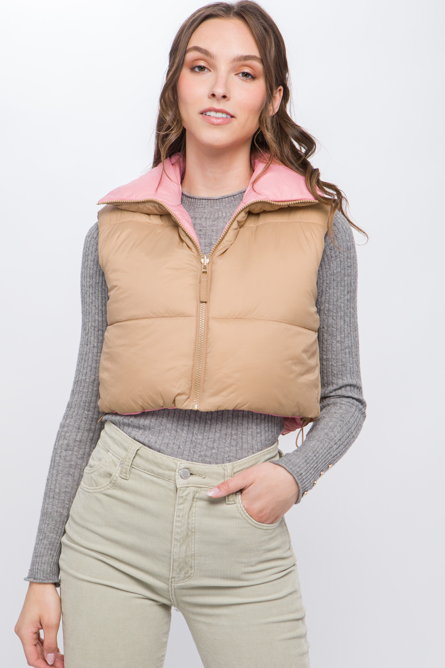 JACKETW Women's 20D Nylon Double-Sided Short Puffer Vest Jacket -LT-6819 