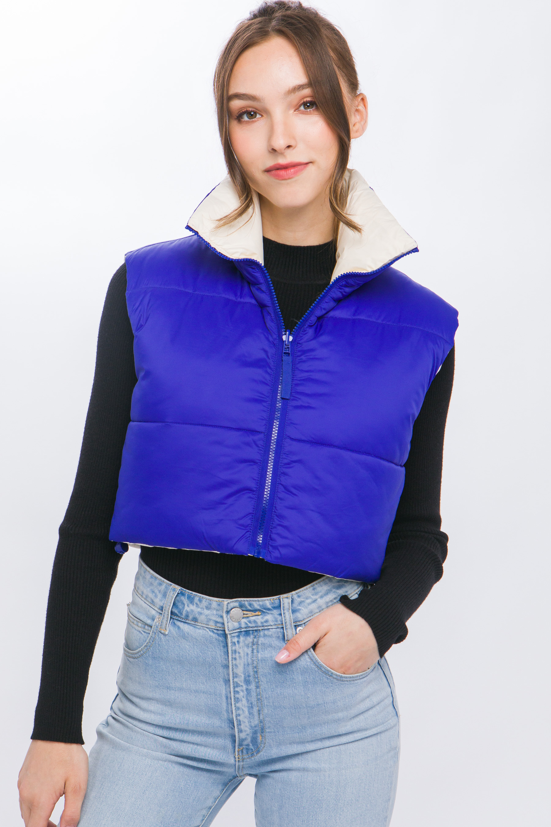 JACKETW Women's 20D Nylon Double-Sided Short Puffer Vest Jacket -LT-6819 