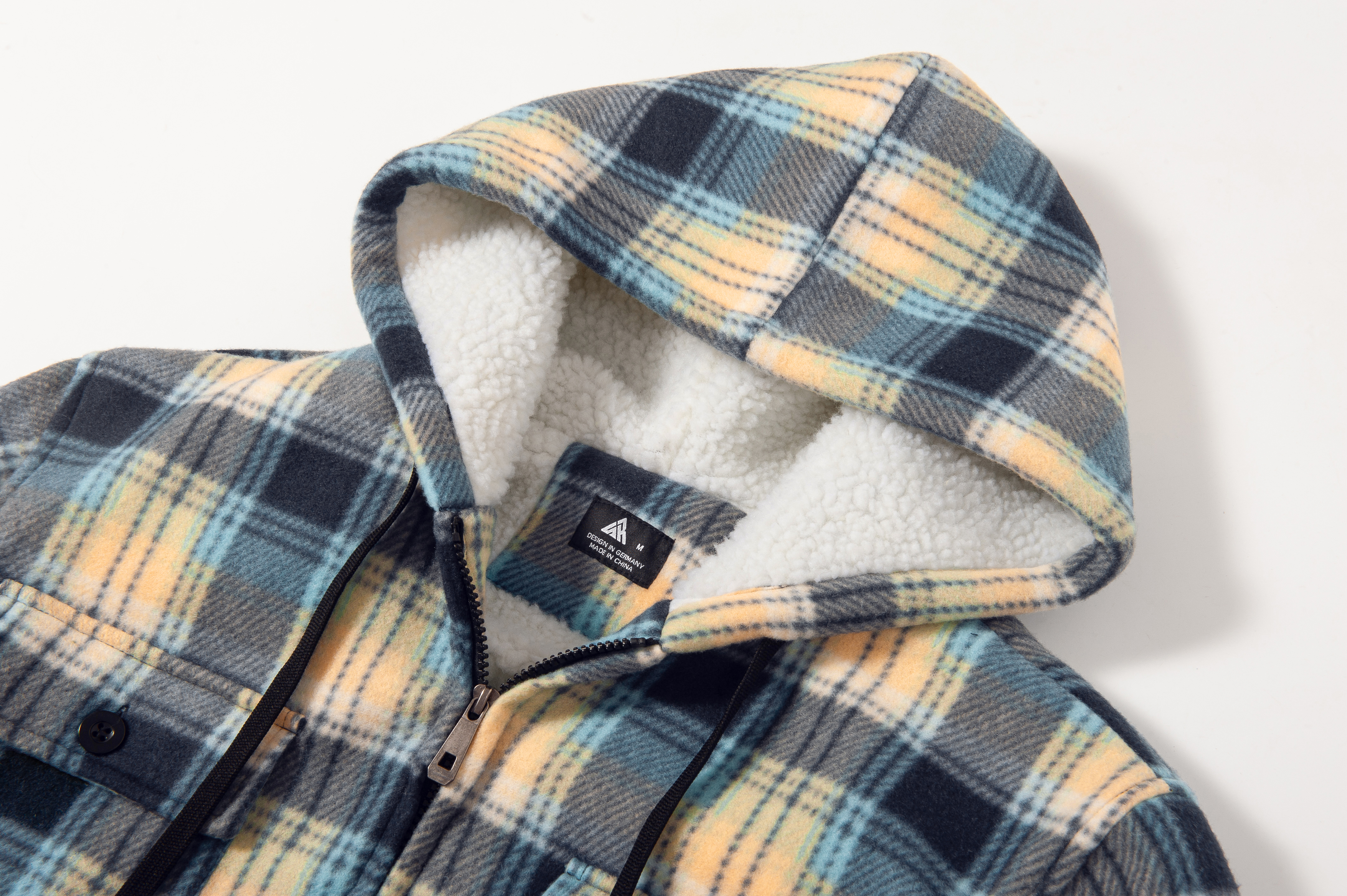 Men's Long Sleeve Full Zipper Fleece Plaid Hoodie-CFMGF00001