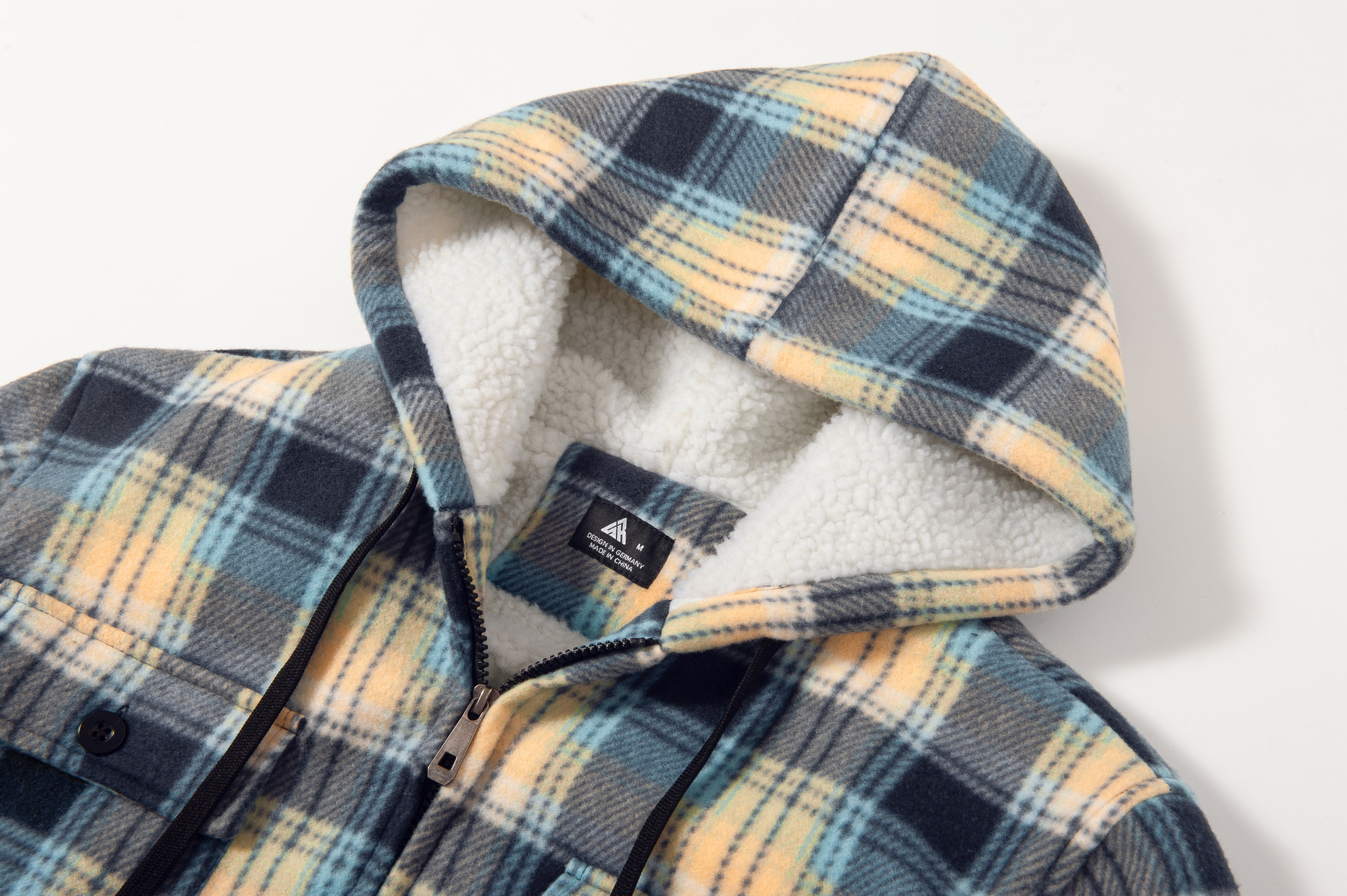 Men's Long Sleeve Full Zipper Fleece Plaid Hoodie-CFMGF00001